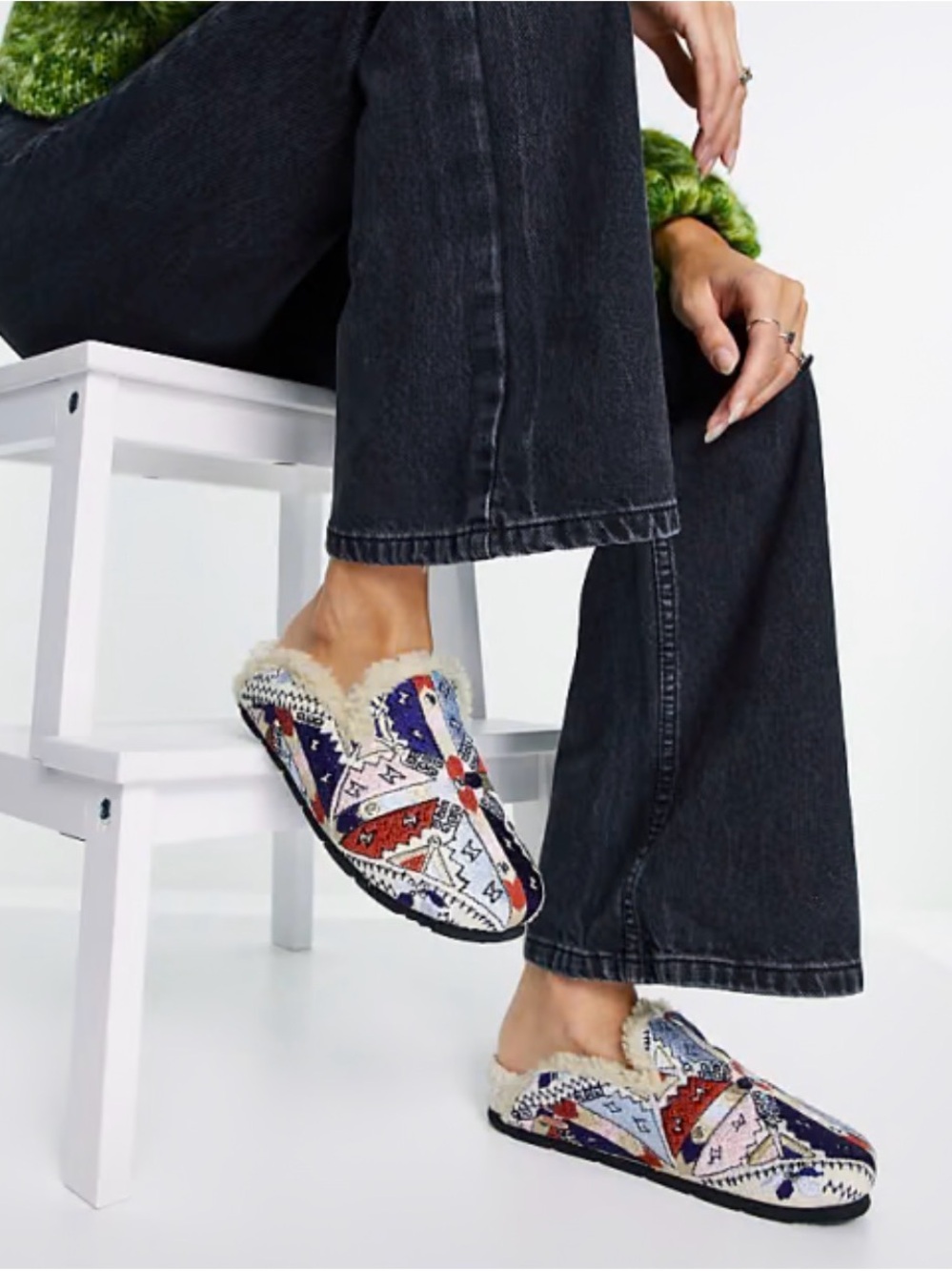 Free People Multicolor Patterned Faux-Shearling Mules